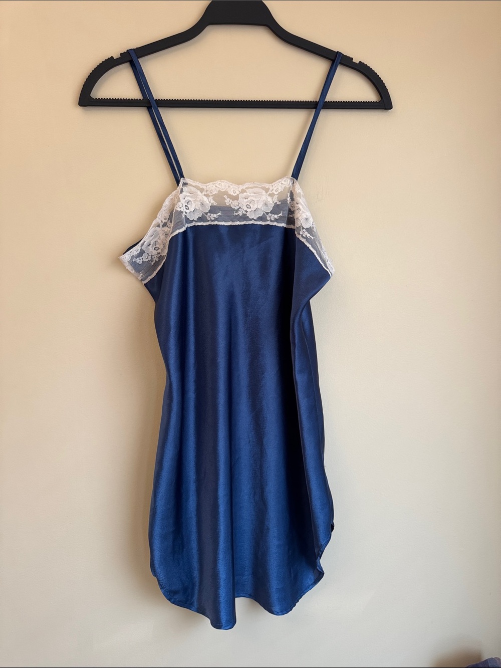 Navy Satin Slip Dress with White Lace Trim